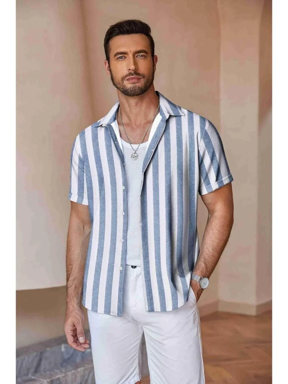 Men's Blue-white Stripes Classic Beach Linen Short Sleeve Casual Imported Shirt
